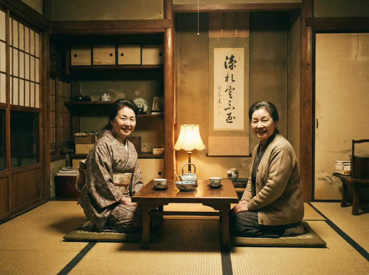 两位优雅的 狄波拉个人资料 在日式茶室中品茶交谈